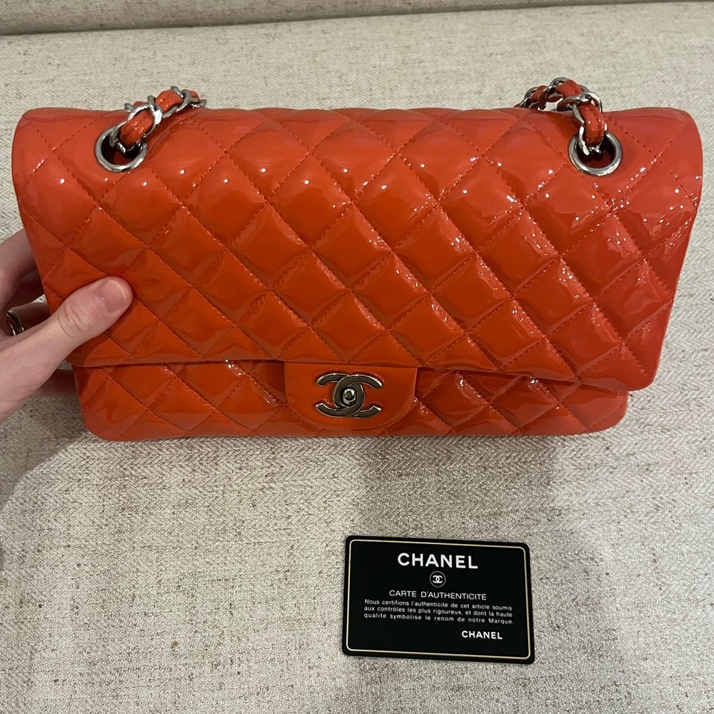 CHANEL CORAL PATENT MEDIUM DOUBLE FLAP BAG